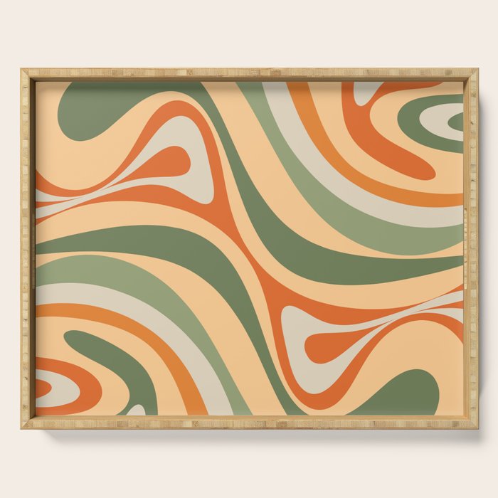 Groovy Retro Abstract New Groove Swirl Pattern in Mossy Sage Olive Green Apricot Orange Serving Tray Gallery Image 1