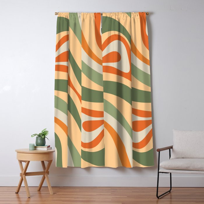 Groovy Retro Abstract New Groove Swirl Pattern in Mossy Sage Olive Green Apricot Orange Window Curtain Gallery Image 5