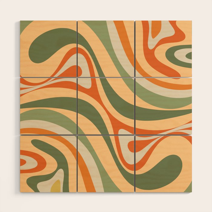Groovy Retro Abstract New Groove Swirl Pattern in Mossy Sage Olive Green Apricot Orange Wood Wall Art Gallery Image 1