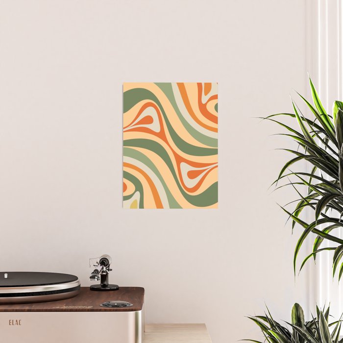 Groovy Retro Abstract New Groove Swirl Pattern in Mossy Sage Olive Green Apricot Orange Poster Gallery Image 2