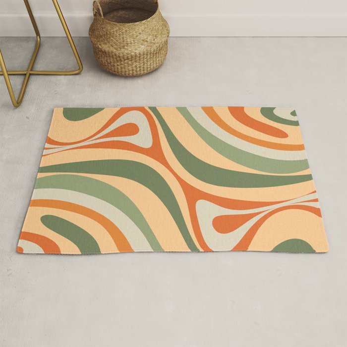 Groovy Retro Abstract New Groove Swirl Pattern in Mossy Sage Olive Green Apricot Orange Rug Gallery Image 1