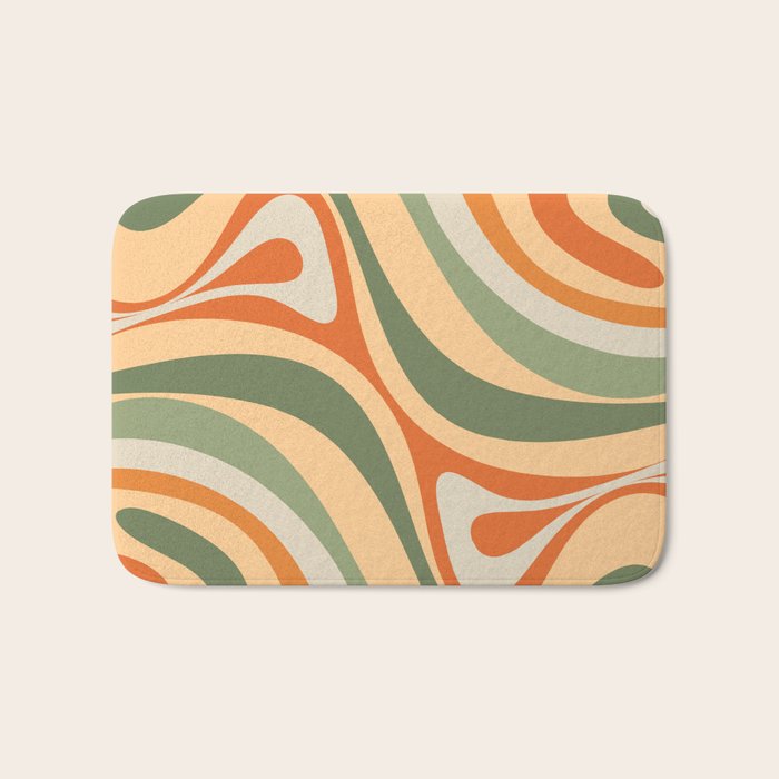 Groovy Retro Abstract New Groove Swirl Pattern in Mossy Sage Olive Green Apricot Orange Bath Mat Gallery Image 1