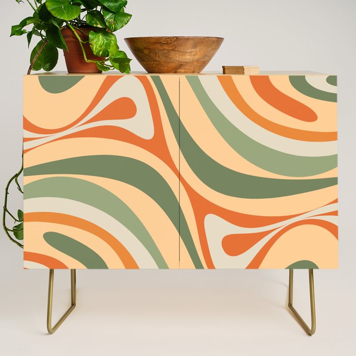 Groovy Retro Abstract New Groove Swirl Pattern in Mossy Sage Olive Green Apricot Orange Credenza Gallery Image 1