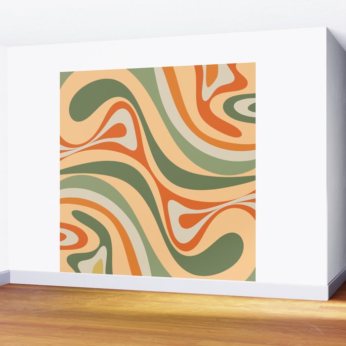 Groovy Retro Abstract New Groove Swirl Pattern in Mossy Sage Olive Green Apricot Orange Wall Mural Gallery Image 2