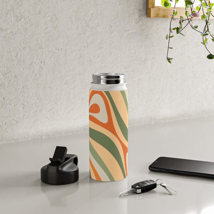 Groovy Retro Abstract New Groove Swirl Pattern in Mossy Sage Olive Green Apricot Orange Water Bottle Gallery Image 4