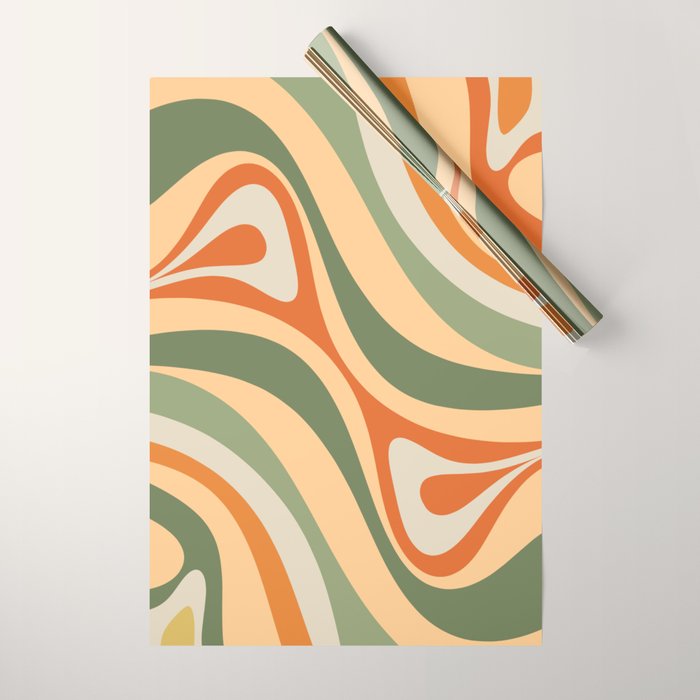 Groovy Retro Abstract New Groove Swirl Pattern in Mossy Sage Olive Green Apricot Orange Wrapping Paper Gallery Image 1