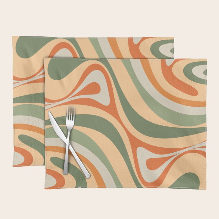 Groovy Retro Abstract New Groove Swirl Pattern in Mossy Sage Olive Green Apricot Orange Placemat Gallery Image 1
