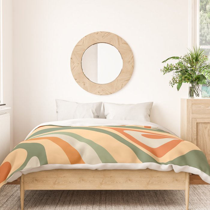 Groovy Retro Abstract New Groove Swirl Pattern in Mossy Sage Olive Green Apricot Orange Duvet Cover Gallery Image 3