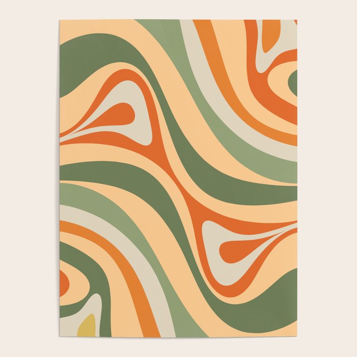 Groovy Retro Abstract New Groove Swirl Pattern in Mossy Sage Olive Green Apricot Orange Poster Gallery Image 4