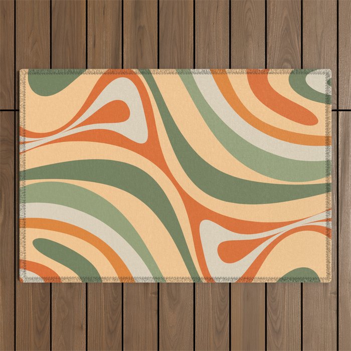 Groovy Retro Abstract New Groove Swirl Pattern in Mossy Sage Olive Green Apricot Orange Outdoor Rug Gallery Image 1