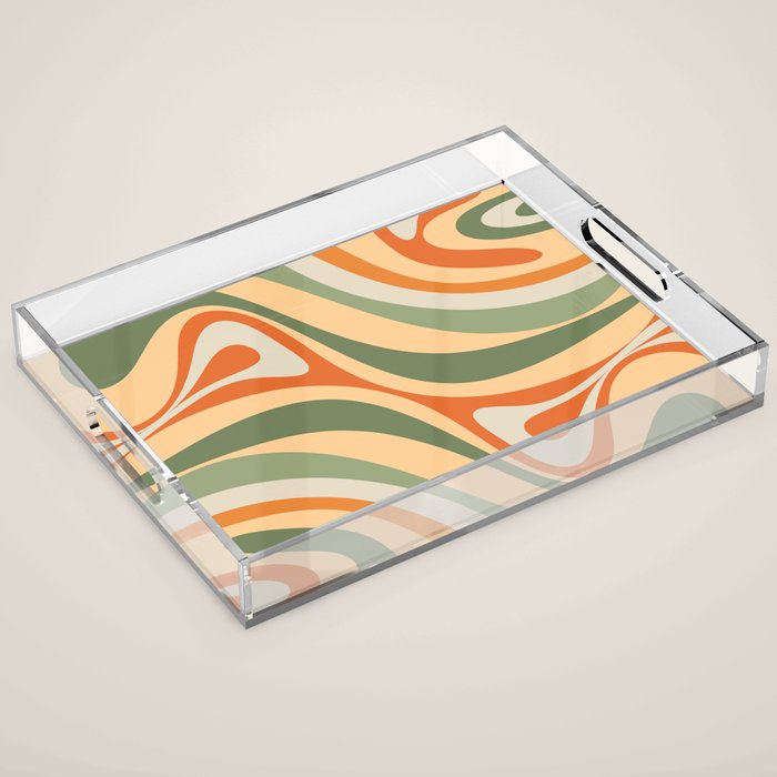 Groovy Retro Abstract New Groove Swirl Pattern in Mossy Sage Olive Green Apricot Orange Acrylic Tray Gallery Image 1