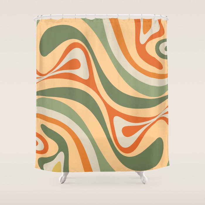 Groovy Retro Abstract New Groove Swirl Pattern in Mossy Sage Olive Green Apricot Orange Shower Curtain Gallery Image 1