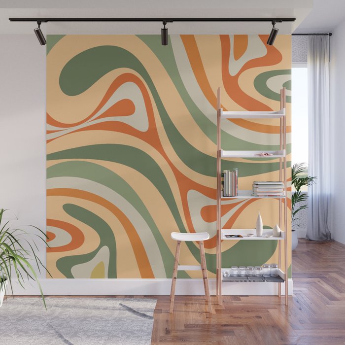 Groovy Retro Abstract New Groove Swirl Pattern in Mossy Sage Olive Green Apricot Orange Wall Mural Gallery Image 1