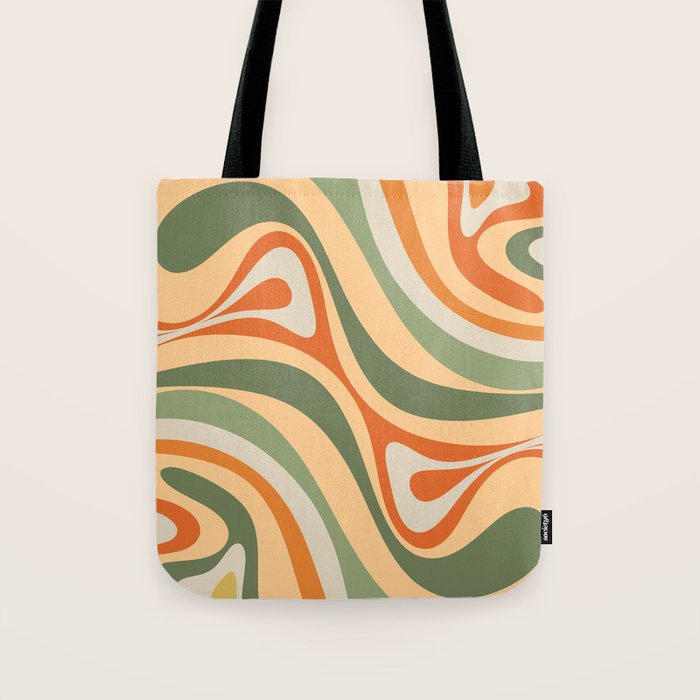 Groovy Retro Abstract New Groove Swirl Pattern in Mossy Sage Olive Green Apricot Orange Tote Bag Gallery Image 1