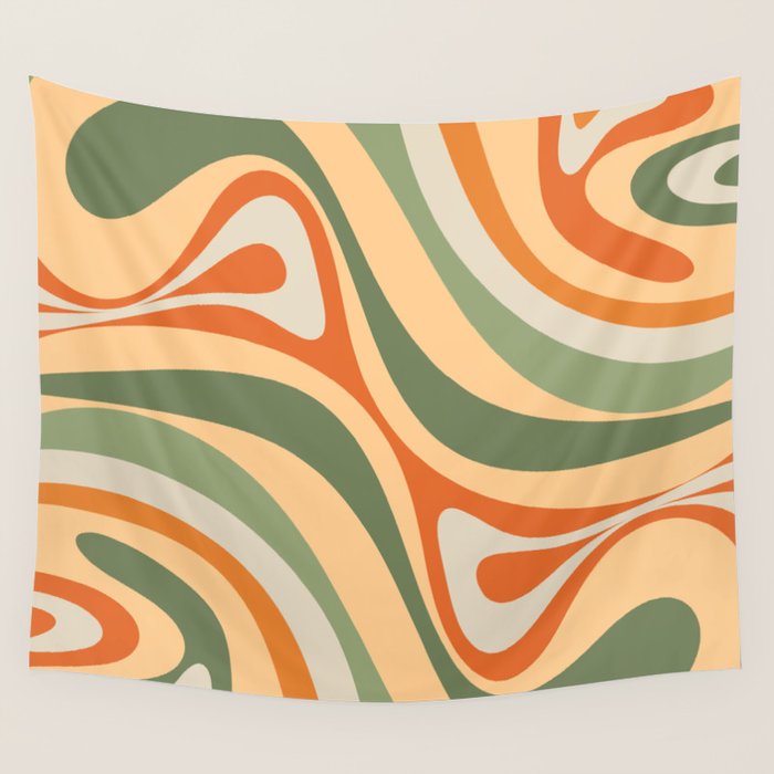 Groovy Retro Abstract New Groove Swirl Pattern in Mossy Sage Olive Green Apricot Orange Wall Tapestry Gallery Image 4