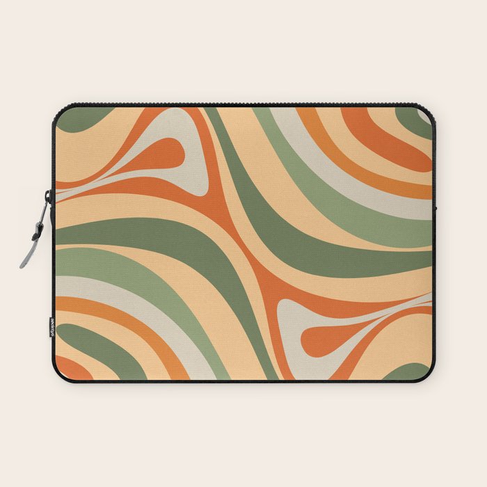 Groovy Retro Abstract New Groove Swirl Pattern in Mossy Sage Olive Green Apricot Orange Laptop Sleeve Gallery Image 1