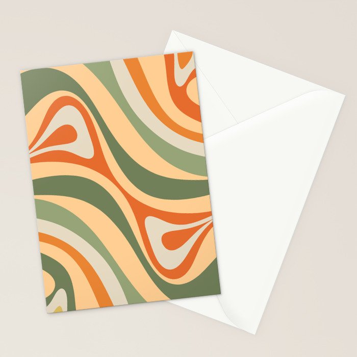 Groovy Retro Abstract New Groove Swirl Pattern in Mossy Sage Olive Green Apricot Orange Stationery Card Gallery Image 2