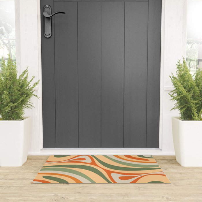 Groovy Retro Abstract New Groove Swirl Pattern in Mossy Sage Olive Green Apricot Orange Welcome Mat Gallery Image 3