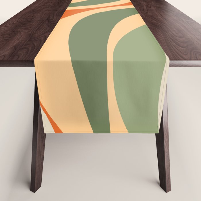 Groovy Retro Abstract New Groove Swirl Pattern in Mossy Sage Olive Green Apricot Orange Table Runner Gallery Image 1