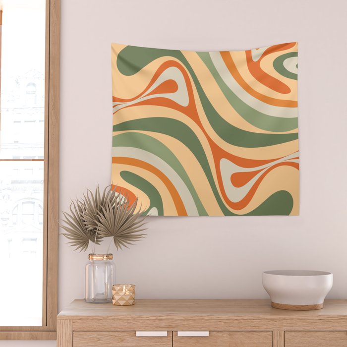 Groovy Retro Abstract New Groove Swirl Pattern in Mossy Sage Olive Green Apricot Orange Wall Tapestry Gallery Image 2