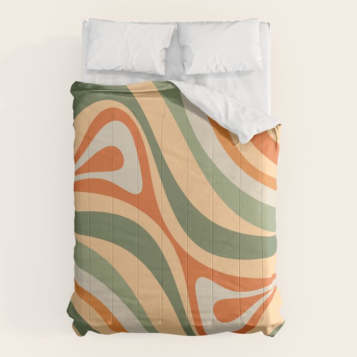 Groovy Retro Abstract New Groove Swirl Pattern in Mossy Sage Olive Green Apricot Orange Comforter Gallery Image 6