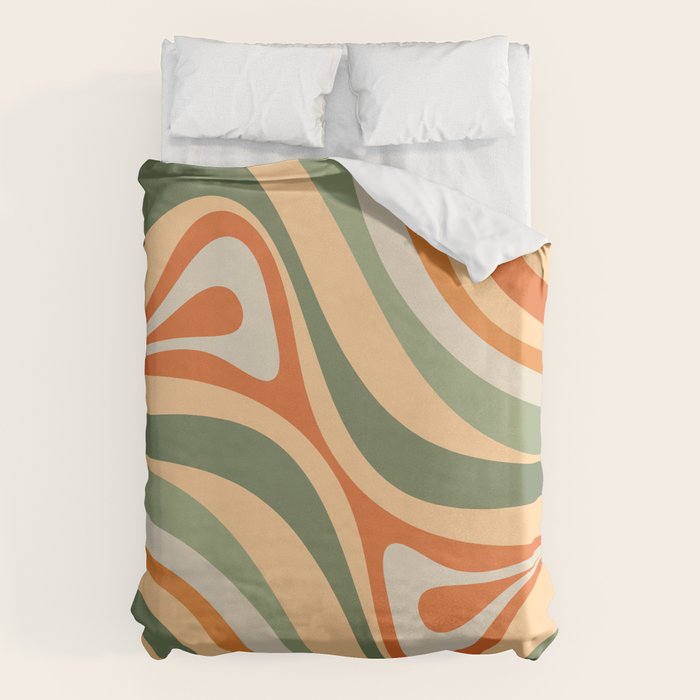 Groovy Retro Abstract New Groove Swirl Pattern in Mossy Sage Olive Green Apricot Orange Duvet Cover Gallery Image 1