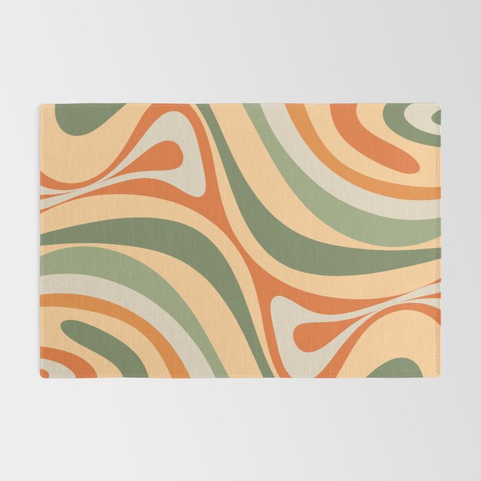 Groovy Retro Abstract New Groove Swirl Pattern in Mossy Sage Olive Green Apricot Orange Rug Gallery Image 2