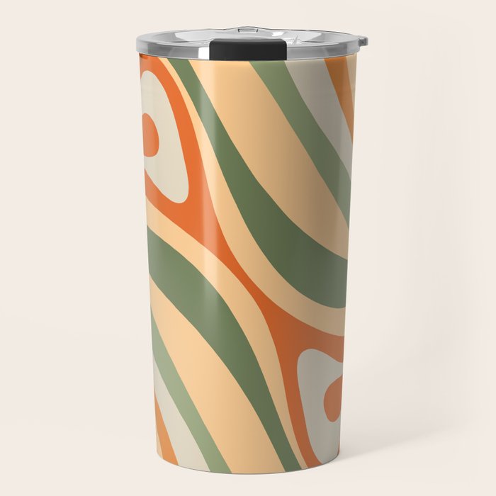 Groovy Retro Abstract New Groove Swirl Pattern in Mossy Sage Olive Green Apricot Orange Travel Mug Gallery Image 1