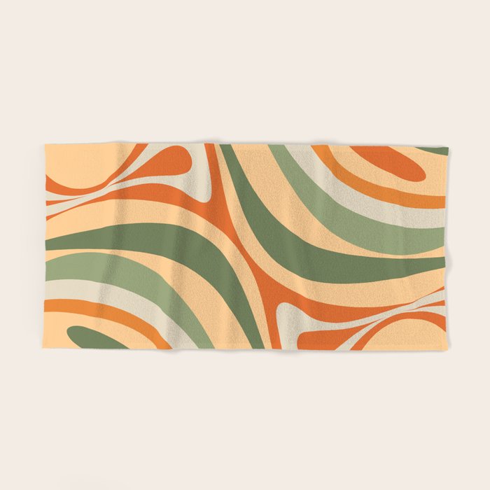 Groovy Retro Abstract New Groove Swirl Pattern in Mossy Sage Olive Green Apricot Orange Bath Towel Gallery Image 2