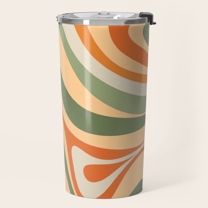 Groovy Retro Abstract New Groove Swirl Pattern in Mossy Sage Olive Green Apricot Orange Travel Mug Gallery Image 2