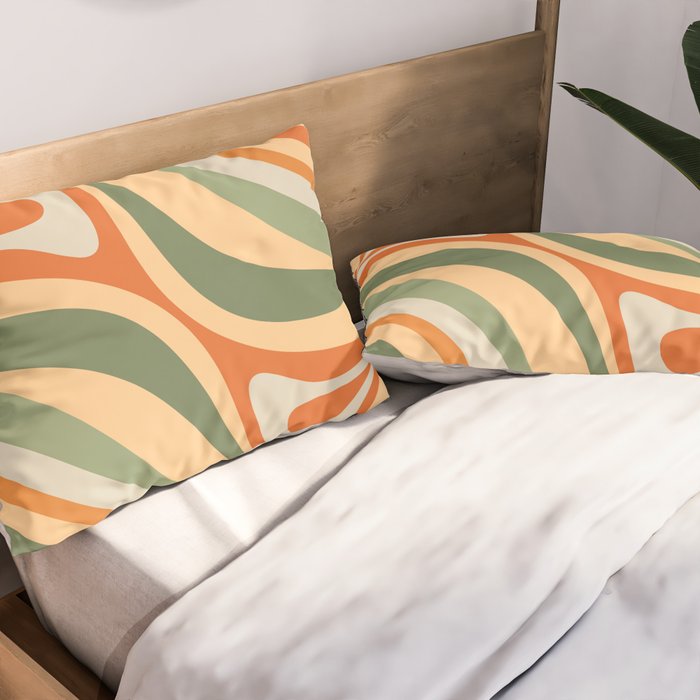 Groovy Retro Abstract New Groove Swirl Pattern in Mossy Sage Olive Green Apricot Orange Pillow Sham Gallery Image 2