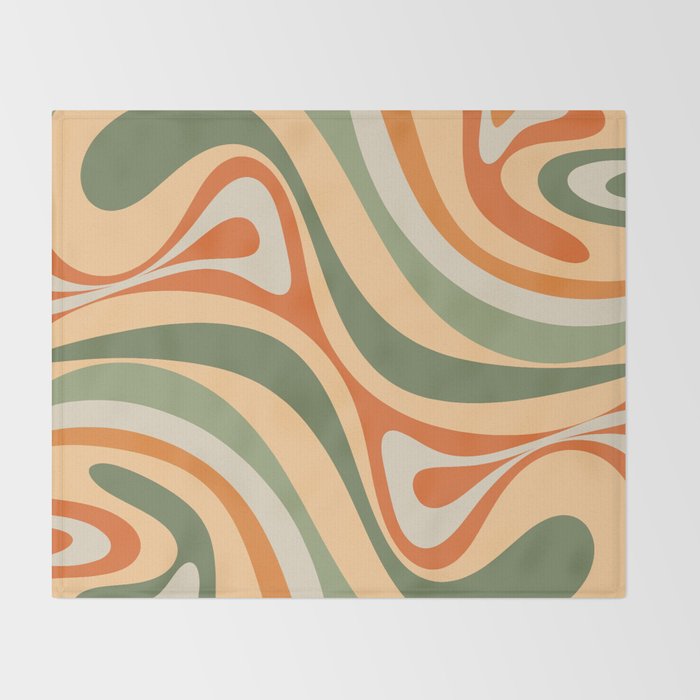 Groovy Retro Abstract New Groove Swirl Pattern in Mossy Sage Olive Green Apricot Orange Throw Blanket Gallery Image 2