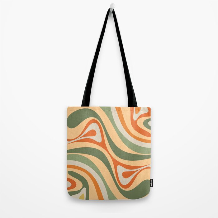 Groovy Retro Abstract New Groove Swirl Pattern in Mossy Sage Olive Green Apricot Orange Tote Bag Gallery Image 2