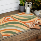 Groovy Retro Abstract New Groove Swirl Pattern in Mossy Sage Olive Green Apricot Orange Outdoor Rug Gallery Image 2