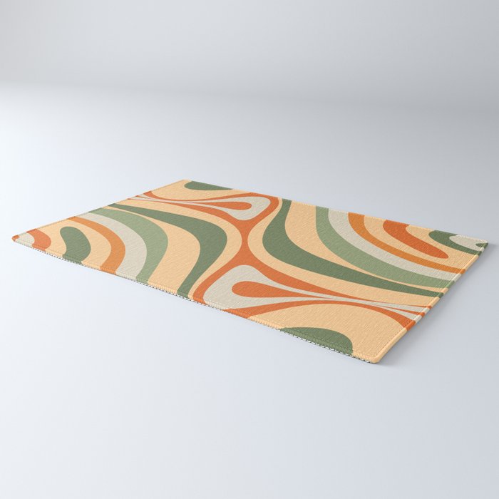 Groovy Retro Abstract New Groove Swirl Pattern in Mossy Sage Olive Green Apricot Orange Rug Gallery Image 3