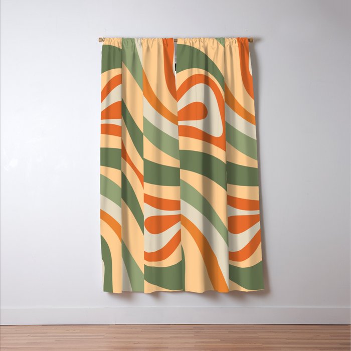 Groovy Retro Abstract New Groove Swirl Pattern in Mossy Sage Olive Green Apricot Orange Window Curtain Gallery Image 3