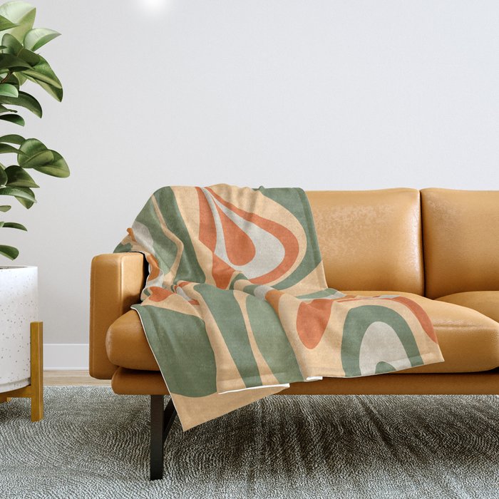 Groovy Retro Abstract New Groove Swirl Pattern in Mossy Sage Olive Green Apricot Orange Throw Blanket Gallery Image 1