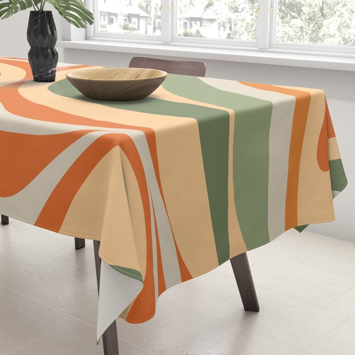 Groovy Retro Abstract New Groove Swirl Pattern in Mossy Sage Olive Green Apricot Orange Tablecloth Gallery Image 3