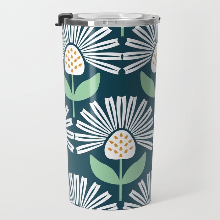 Modern mid century retro flower blue Travel Mug Gallery Image 3