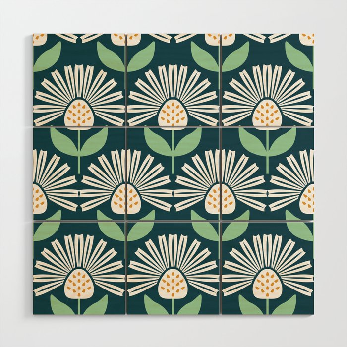 Modern mid century retro flower blue Wood Wall Art Gallery Image 1