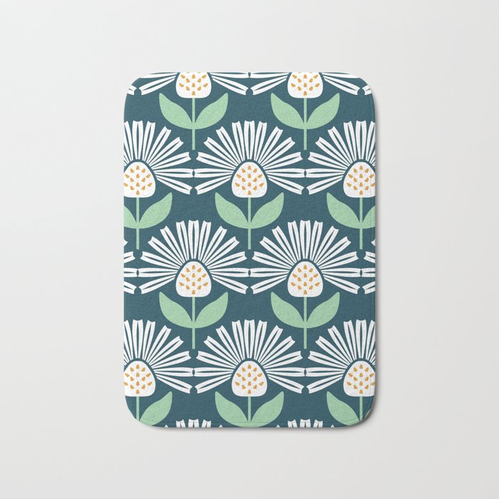 Modern mid century retro flower blue Bath Mat Gallery Image 1