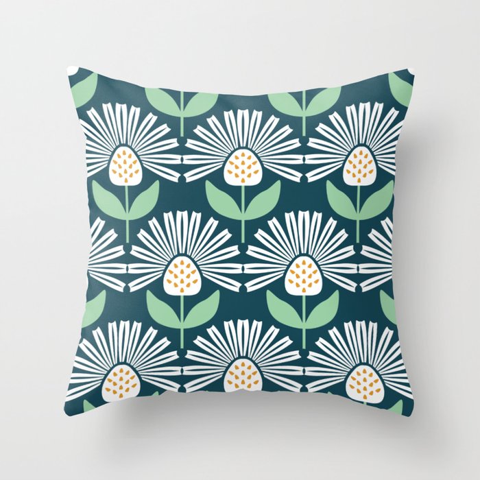 Modern mid century retro flower blue Throw Pillow Gallery Image 1