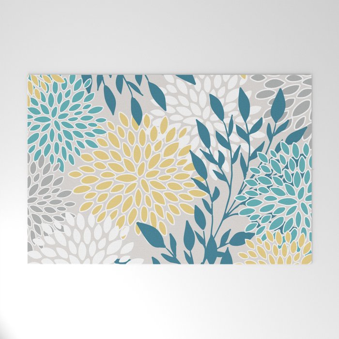 Garden Florals, Yellow, Teal, Gray Welcome Mat Gallery Image 1