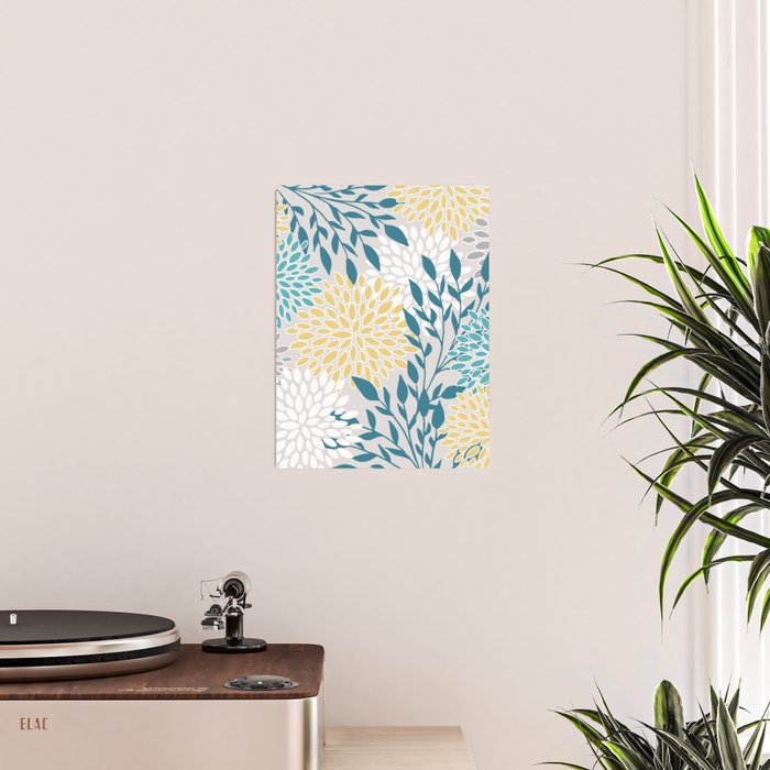 Garden Florals, Yellow, Teal, Gray Poster Gallery Image 2