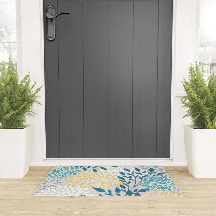 Garden Florals, Yellow, Teal, Gray Welcome Mat Gallery Image 3