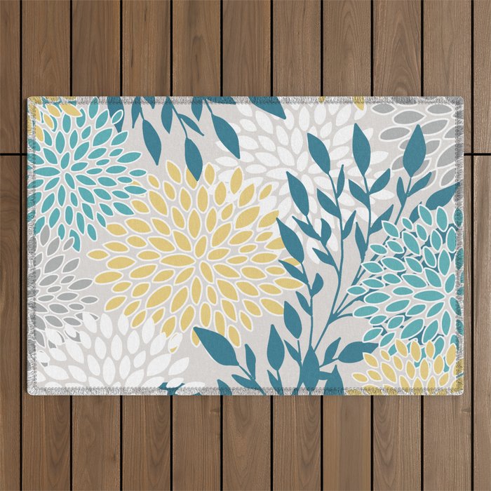 Garden Florals, Yellow, Teal, Gray Outdoor Rug Gallery Image 1