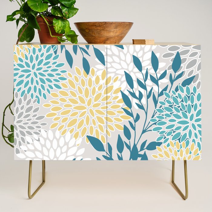 Garden Florals, Yellow, Teal, Gray Credenza Gallery Image 1