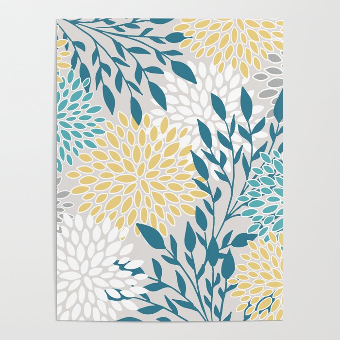 Garden Florals, Yellow, Teal, Gray Poster Gallery Image 4