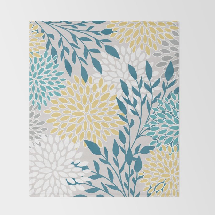 Garden Florals, Yellow, Teal, Gray Throw Blanket Gallery Image 2