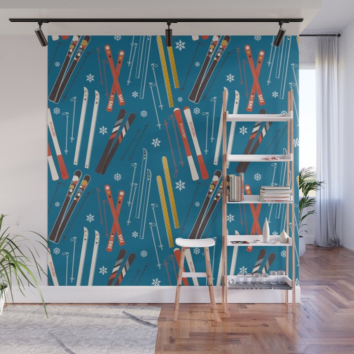 Nostalgic Winter Ski Scene Retro Holiday Pattern Wall Mural Gallery Image 1